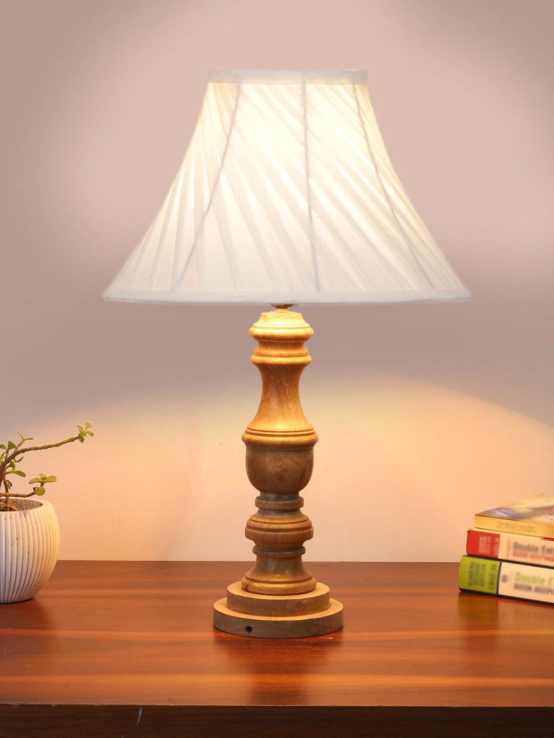Ambika Home off-white cotton Wooden Table Lamp | Decorative Bedside Lamp for Bedroom, Living Room, Hall, Hotel, Café, Restaurant, Office & Study Room | E27 Compatible - Image 2