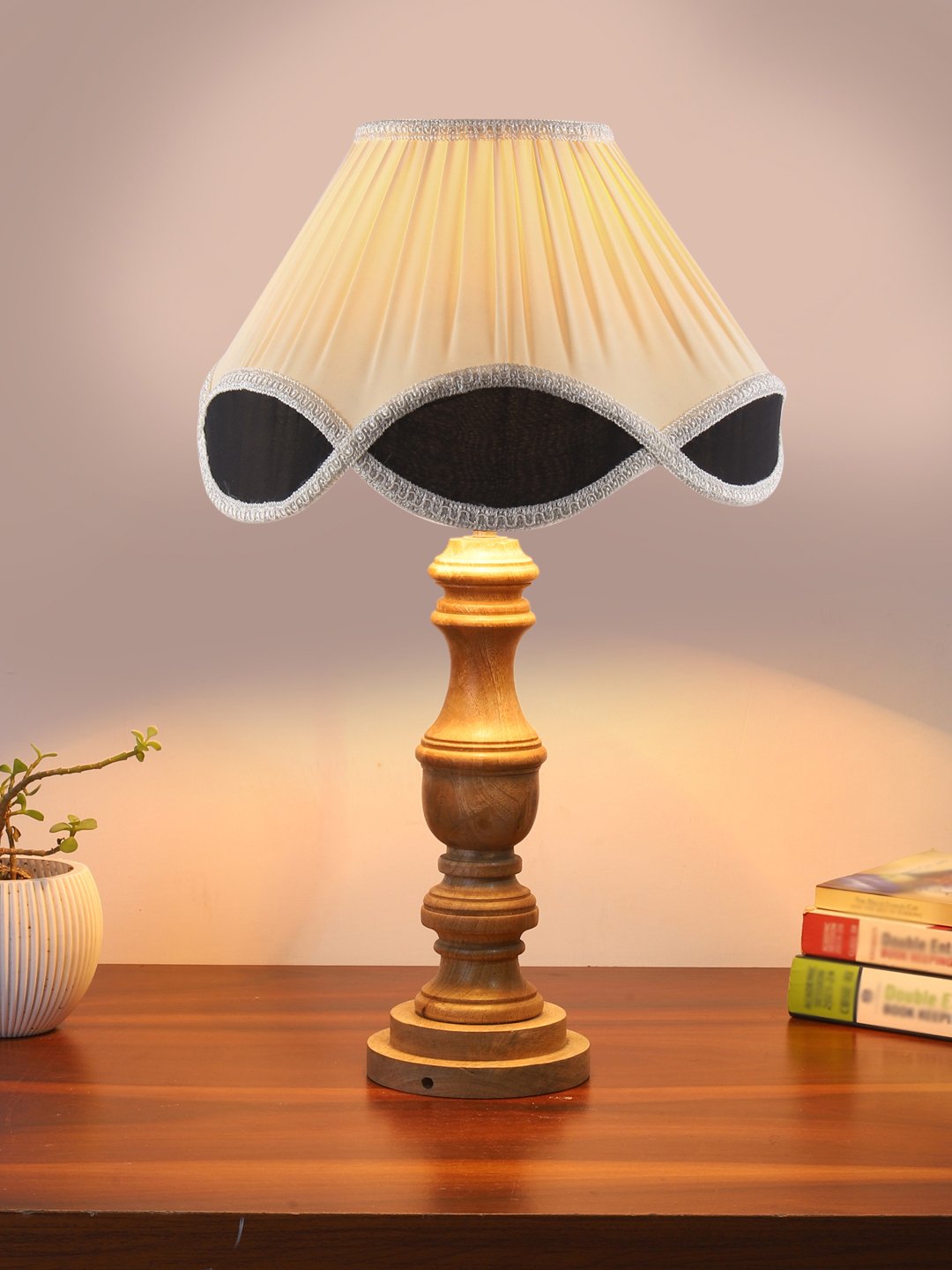 Ambika Home off-white cotton Wooden Table Lamp | Decorative Bedside Lamp for Bedroom, Living Room, Hall, Hotel, Café, Restaurant, Office & Study Room | E27 Compatible - Image 2