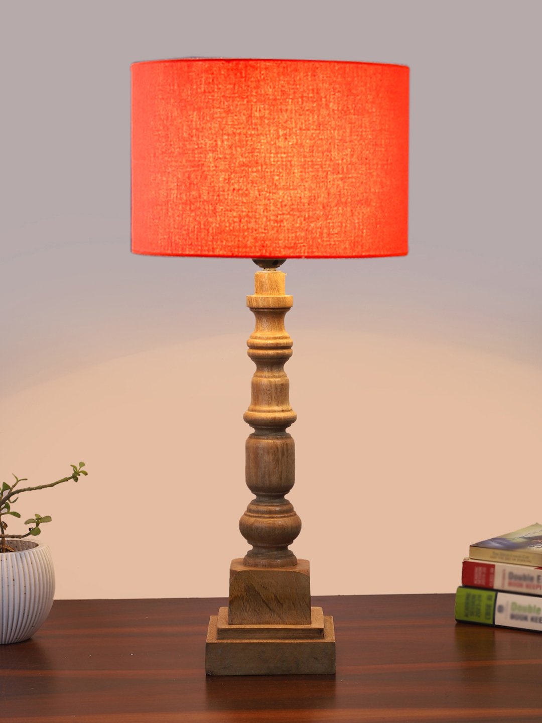 Ambika Home Orange cotton Wooden Table Lamp | Decorative Bedside Lamp for Bedroom, Living Room, Hall, Hotel, Café, Restaurant, Office & Study Room | E27 Compatible - Image 2