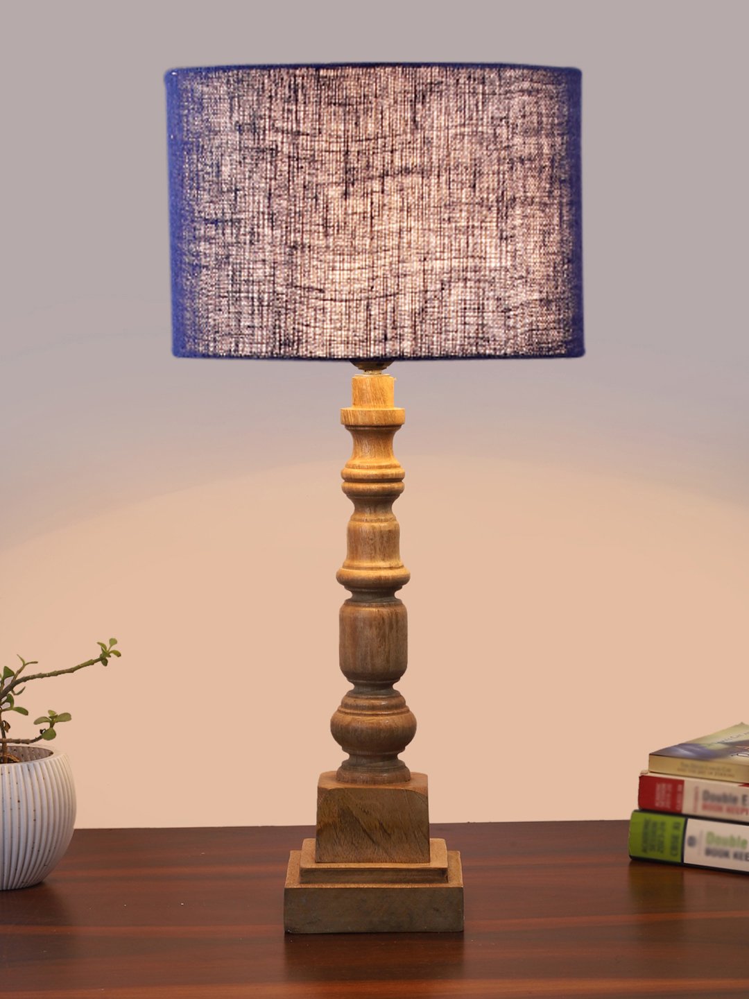 Ambika Home Blue Jute Wooden Table Lamp | Decorative Bedside Lamp for Bedroom, Living Room, Hall, Hotel, Café, Restaurant, Office & Study Room | E27 Compatible - Image 2