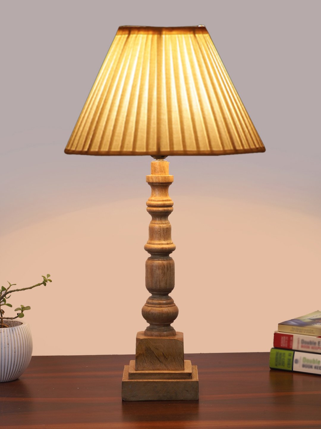 Ambika Home off-white cotton Wooden Table Lamp | Decorative Bedside Lamp for Bedroom, Living Room, Hall, Hotel, Café, Restaurant, Office & Study Room | E27 Compatible - Image 2