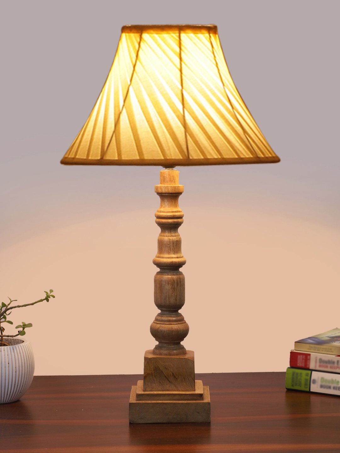 Ambika Home off-white cotton Wooden Table Lamp | Decorative Bedside Lamp for Bedroom, Living Room, Hall, Hotel, Café, Restaurant, Office & Study Room | E27 Compatible - Image 2