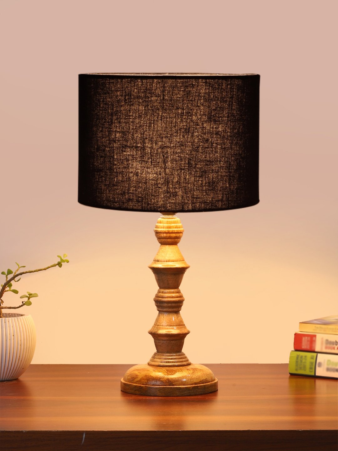 Ambika Home Black cotton Wooden Table Lamp | Decorative Bedside Lamp for Bedroom, Living Room, Hall, Hotel, Café, Restaurant, Office & Study Room | E27 Compatible - Image 2