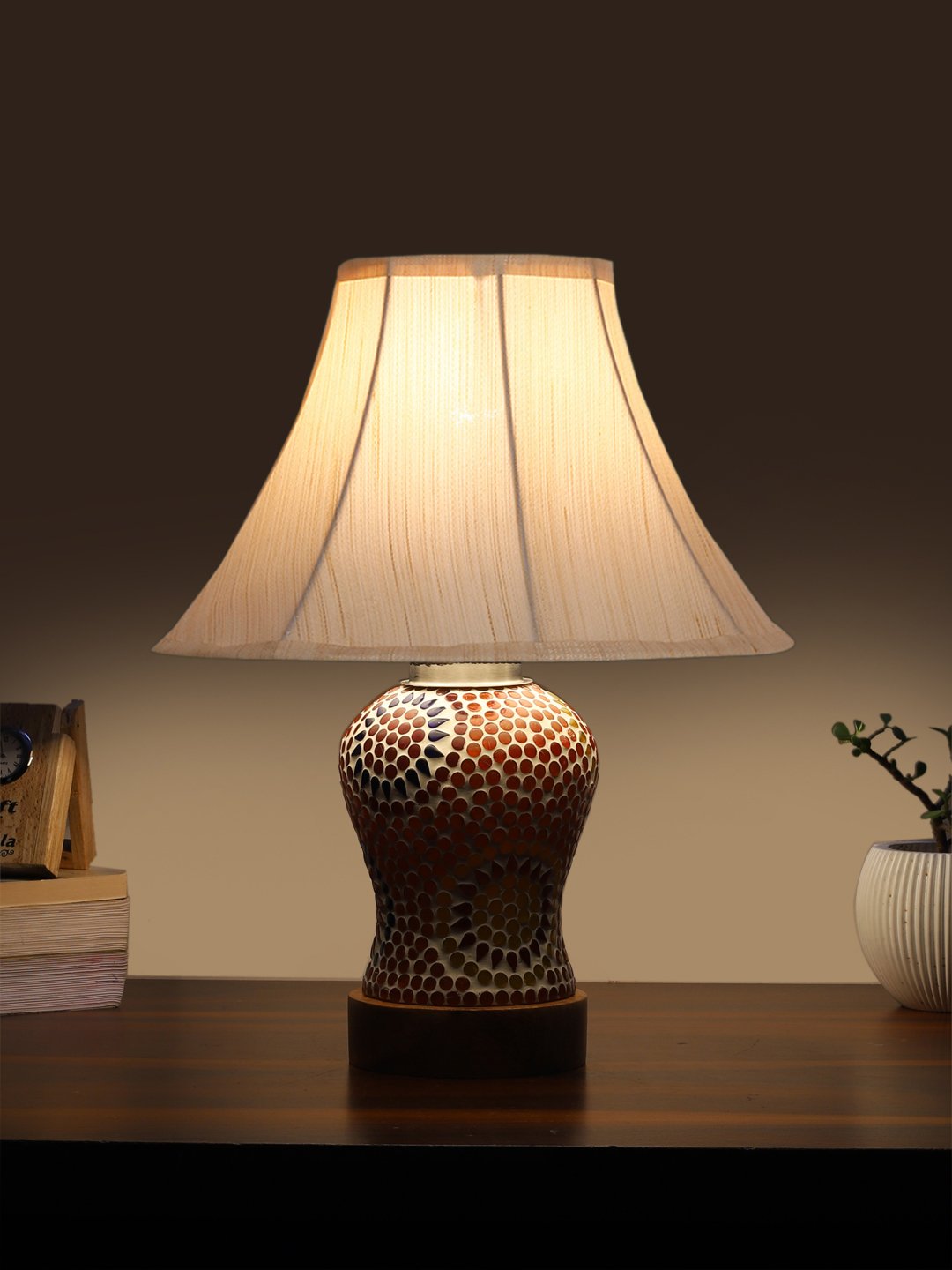 Ambika Home off-white Cotton Mosaic Glass Table Lamp | Decorative Bedside Lamp for Bedroom, Living Room, Hall, Hotel, Café, Restaurant, Office & Study Room | E27 Compatible - Image 3