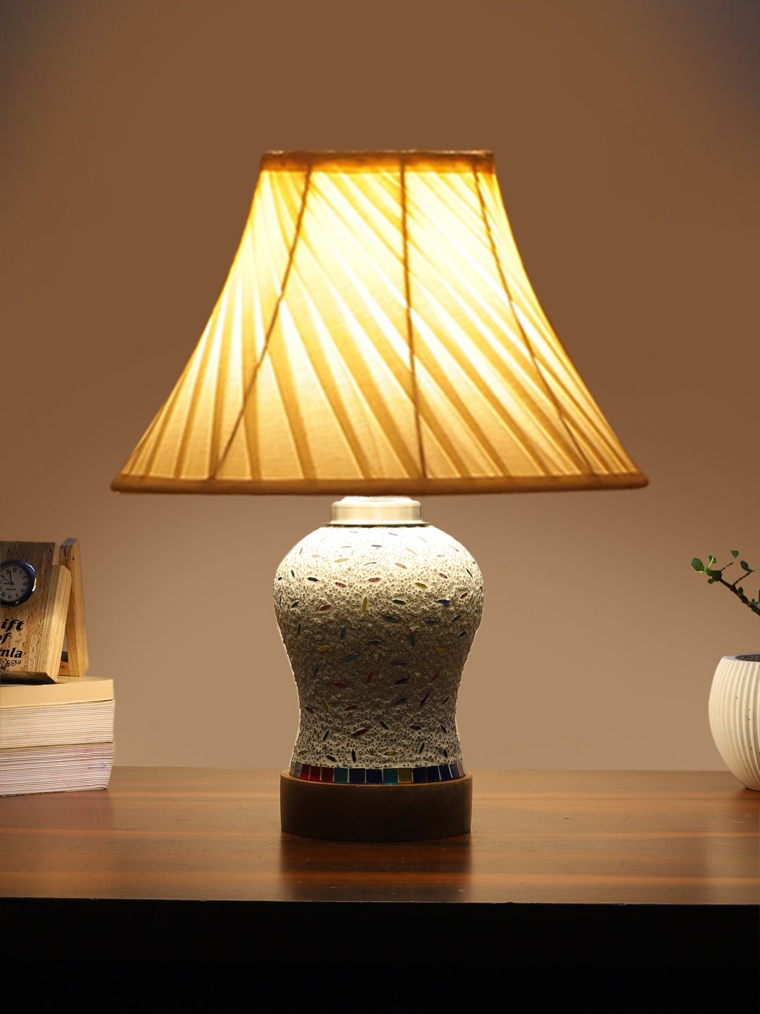 Ambika Home off-white Cotton Mosaic Glass Table Lamp | Decorative Bedside Lamp for Bedroom, Living Room, Hall, Hotel, Café, Restaurant, Office & Study Room | E27 Compatible - Image 3