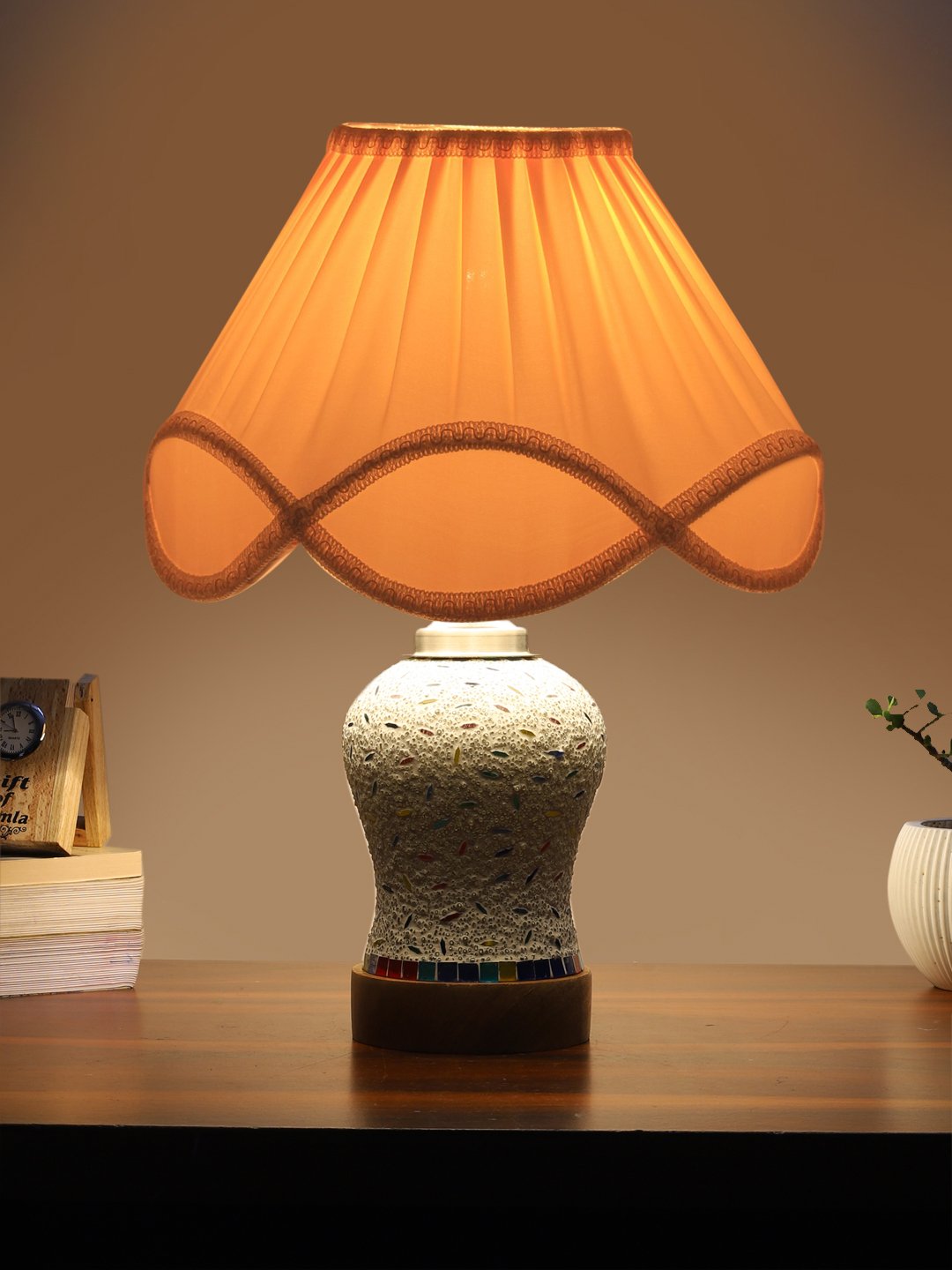 Ambika Home off-white Cotton Mosaic Glass Table Lamp | Decorative Bedside Lamp for Bedroom, Living Room, Hall, Hotel, Café, Restaurant, Office & Study Room | E27 Compatible - Image 3