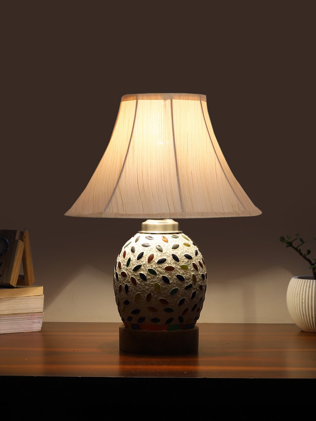 Ambika Home off-white Cotton Mosaic Glass Table Lamp | Decorative Bedside Lamp for Bedroom, Living Room, Hall, Hotel, Café, Restaurant, Office & Study Room | E27 Compatible - Image 3