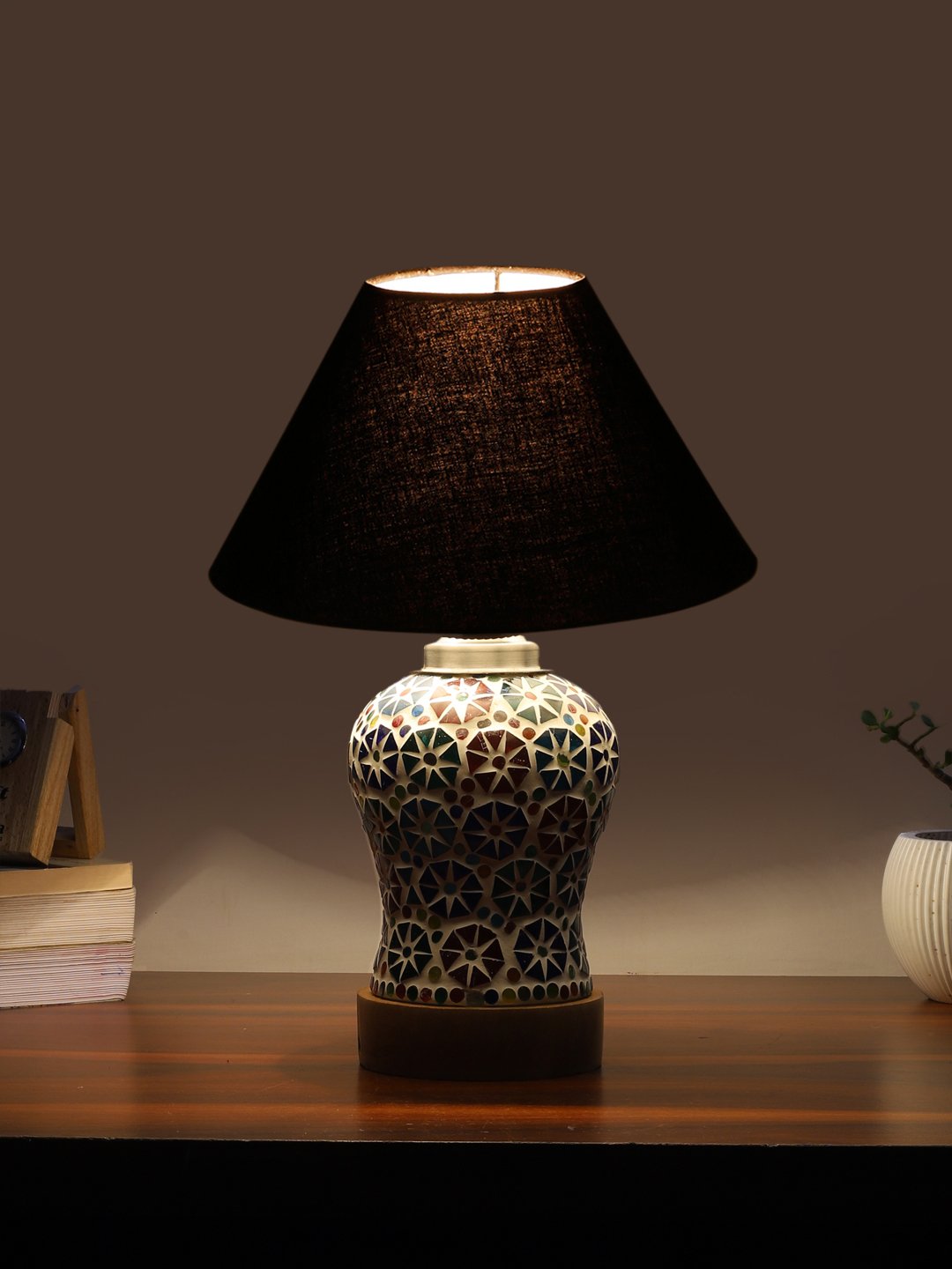 Ambika Home Black Cotton Mosaic Glass Table Lamp | Decorative Bedside Lamp for Bedroom, Living Room, Hall, Hotel, Café, Restaurant, Office & Study Room | E27 Compatible - Image 3