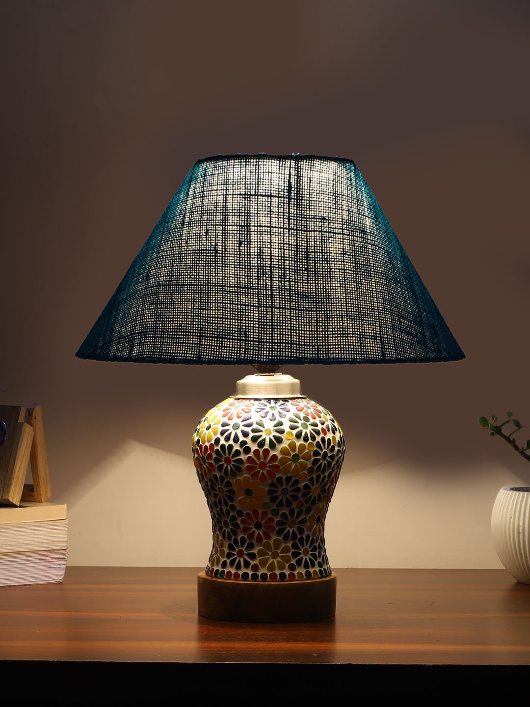 Ambika Home Turquoise Jute Mosaic Glass Table Lamp | Decorative Bedside Lamp for Bedroom, Living Room, Hall, Hotel, Café, Restaurant, Office & Study Room | E27 Compatible - Image 3