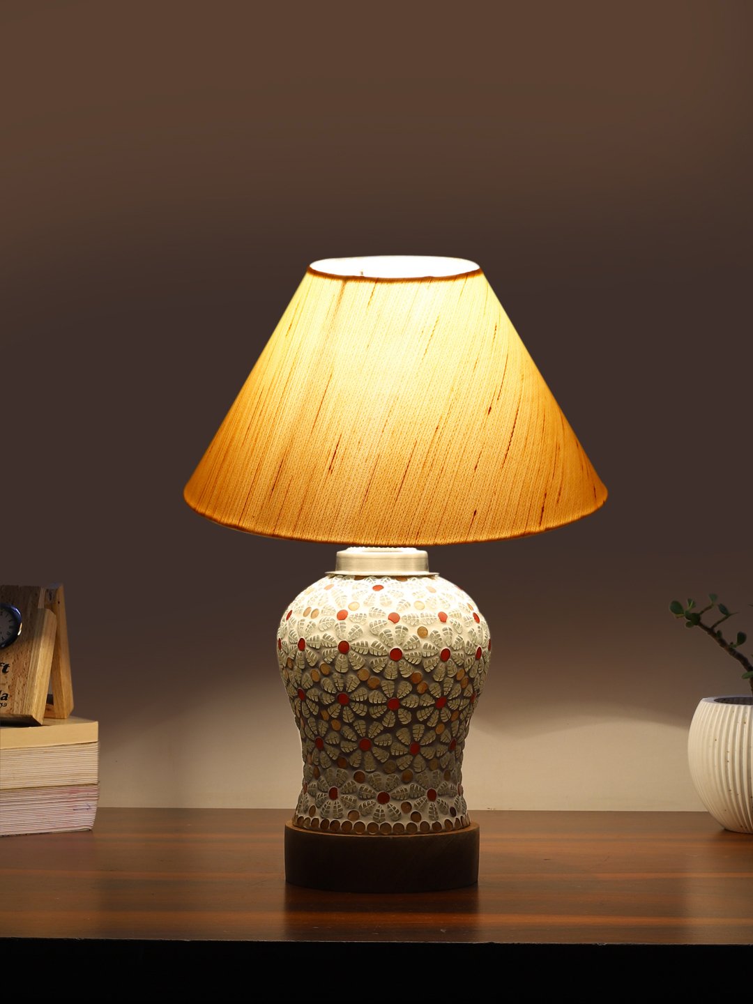 Ambika Home off-white Cotton Mosaic Glass Table Lamp | Decorative Bedside Lamp for Bedroom, Living Room, Hall, Hotel, Café, Restaurant, Office & Study Room | E27 Compatible - Image 3