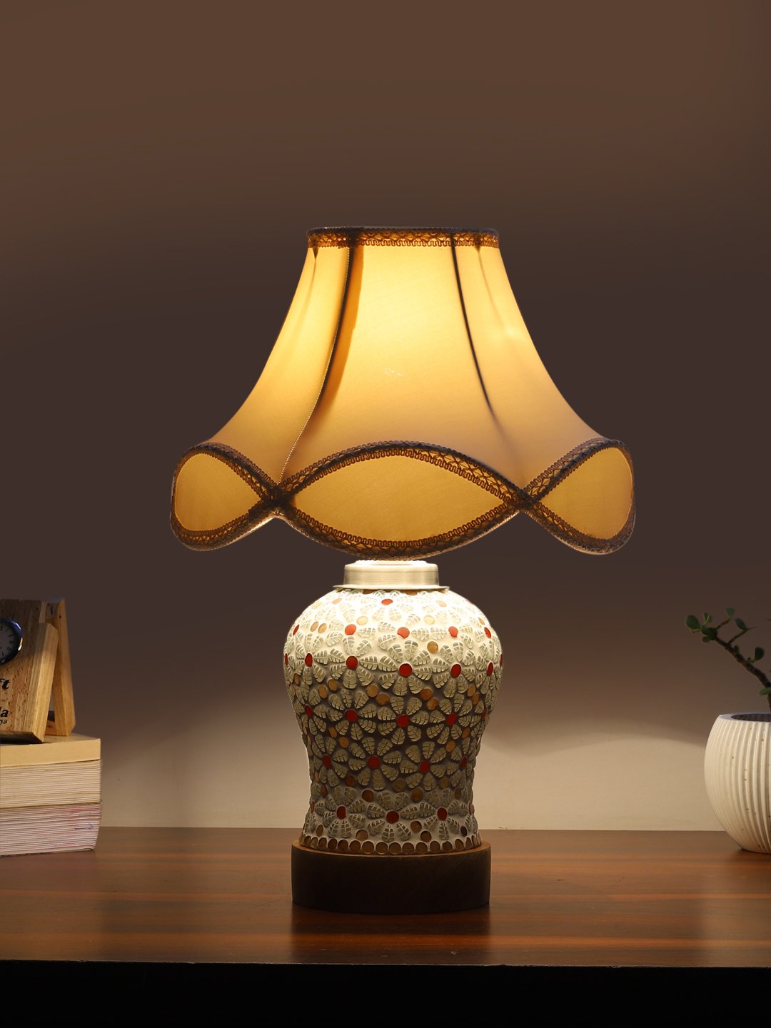 Ambika Home off-white Cotton Mosaic Glass Table Lamp | Decorative Bedside Lamp for Bedroom, Living Room, Hall, Hotel, Café, Restaurant, Office & Study Room | E27 Compatible - Image 3
