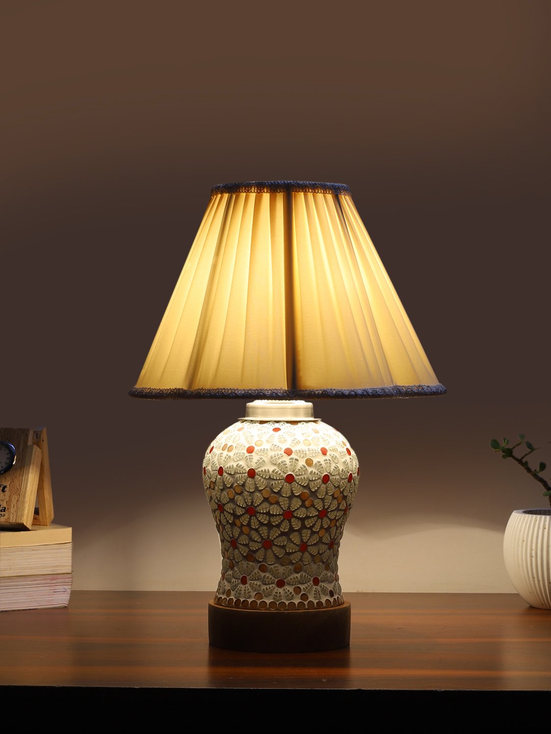 Ambika Home off-white Cotton Mosaic Glass Table Lamp | Decorative Bedside Lamp for Bedroom, Living Room, Hall, Hotel, Café, Restaurant, Office & Study Room | E27 Compatible - Image 3