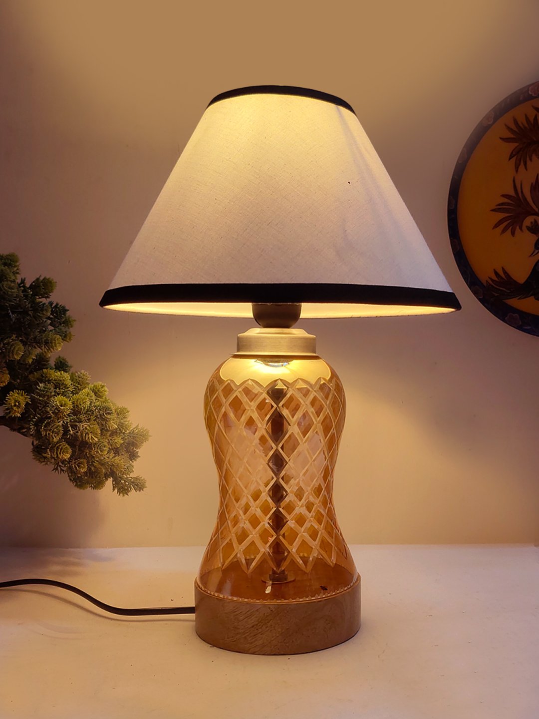 Ambika Home White & Black Cotton Lavender Glass Table Lamp | Decorative Bedside Lamp for Bedroom, Living Room, Hall, Hotel, Café, Restaurant, Office & Study Room | E27 Compatible - Image 3