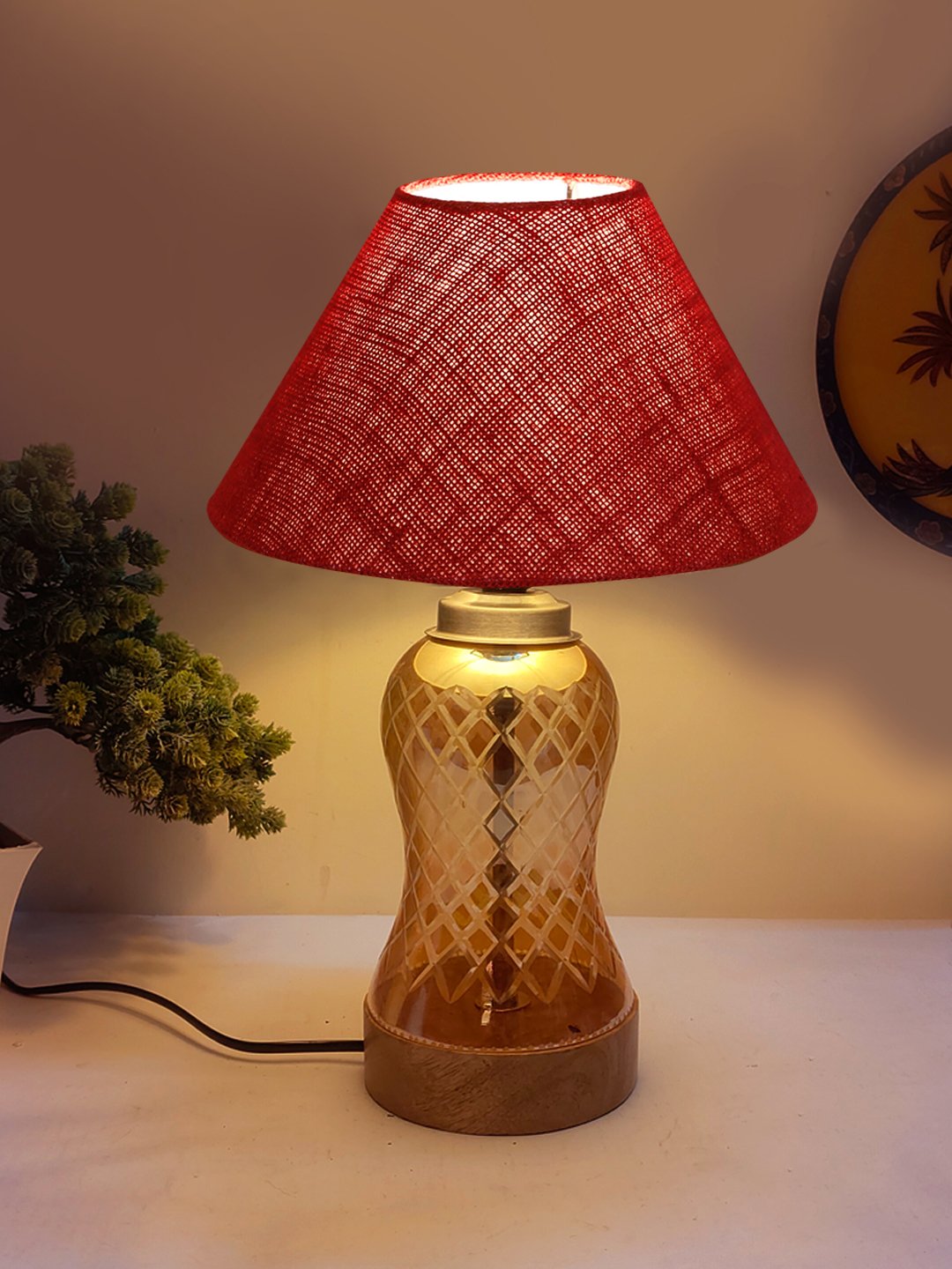 Ambika Home Maroon Jute Lavender Glass Table Lamp | Decorative Bedside Lamp for Bedroom, Living Room, Hall, Hotel, Café, Restaurant, Office & Study Room | E27 Compatible - Image 3