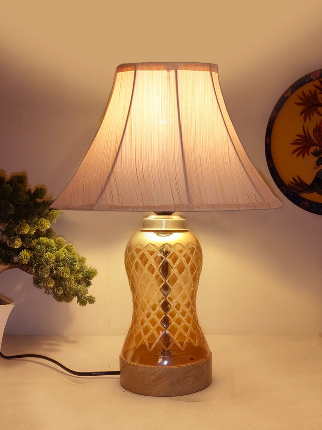 Ambika Home off-white Cotton Lavender Glass Table Lamp | Decorative Bedside Lamp for Bedroom, Living Room, Hall, Hotel, Café, Restaurant, Office & Study Room | E27 Compatible - Image 3