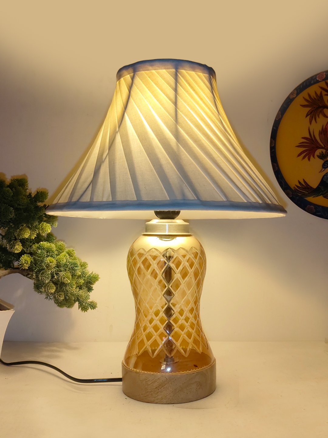 Ambika Home off-white Cotton Lavender Glass Table Lamp | Decorative Bedside Lamp for Bedroom, Living Room, Hall, Hotel, Café, Restaurant, Office & Study Room | E27 Compatible - Image 3