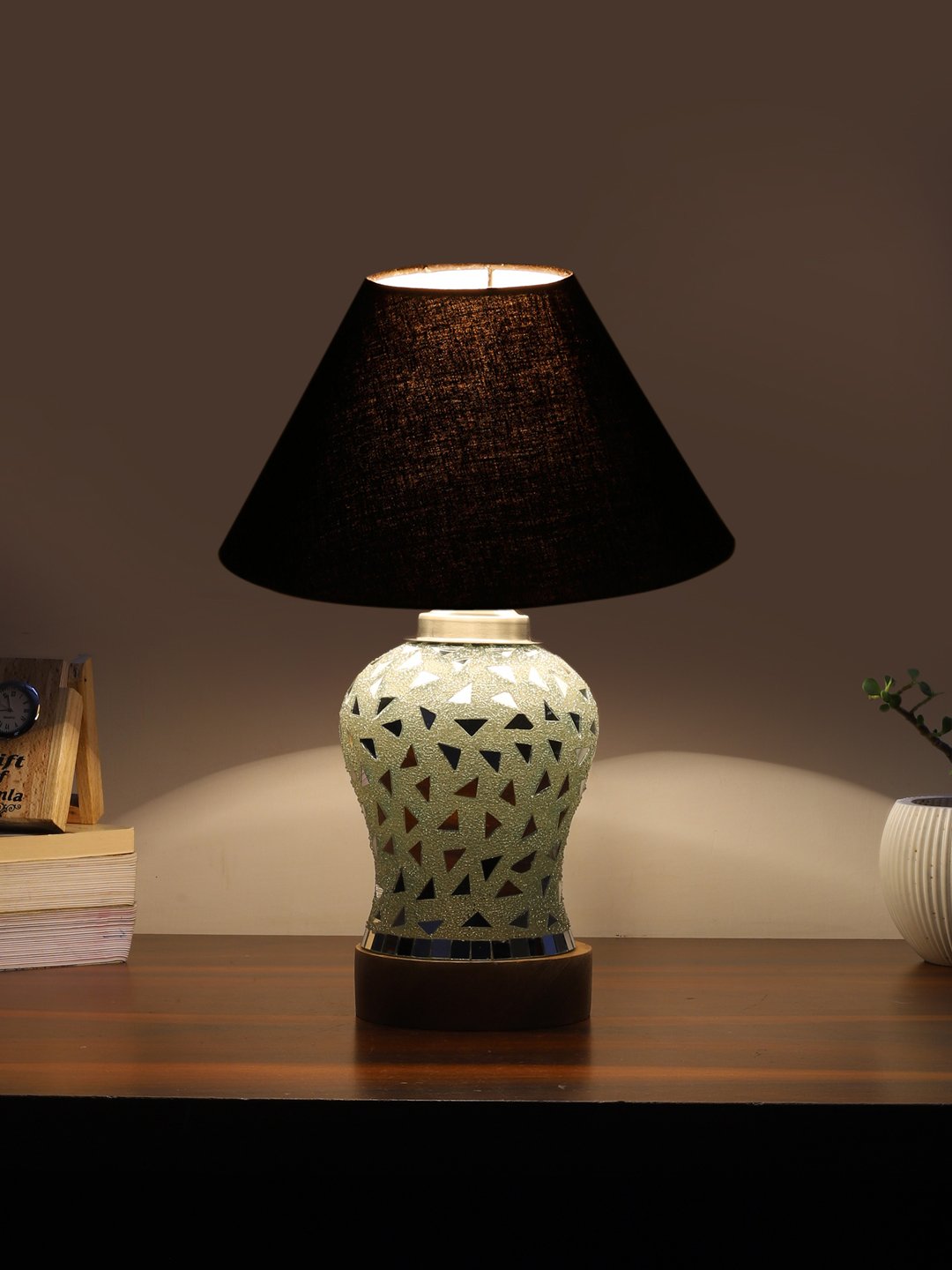 Ambika Home Black Cotton Mosaic Glass Table Lamp | Decorative Bedside Lamp for Bedroom, Living Room, Hall, Hotel, Café, Restaurant, Office & Study Room | E27 Compatible - Image 3