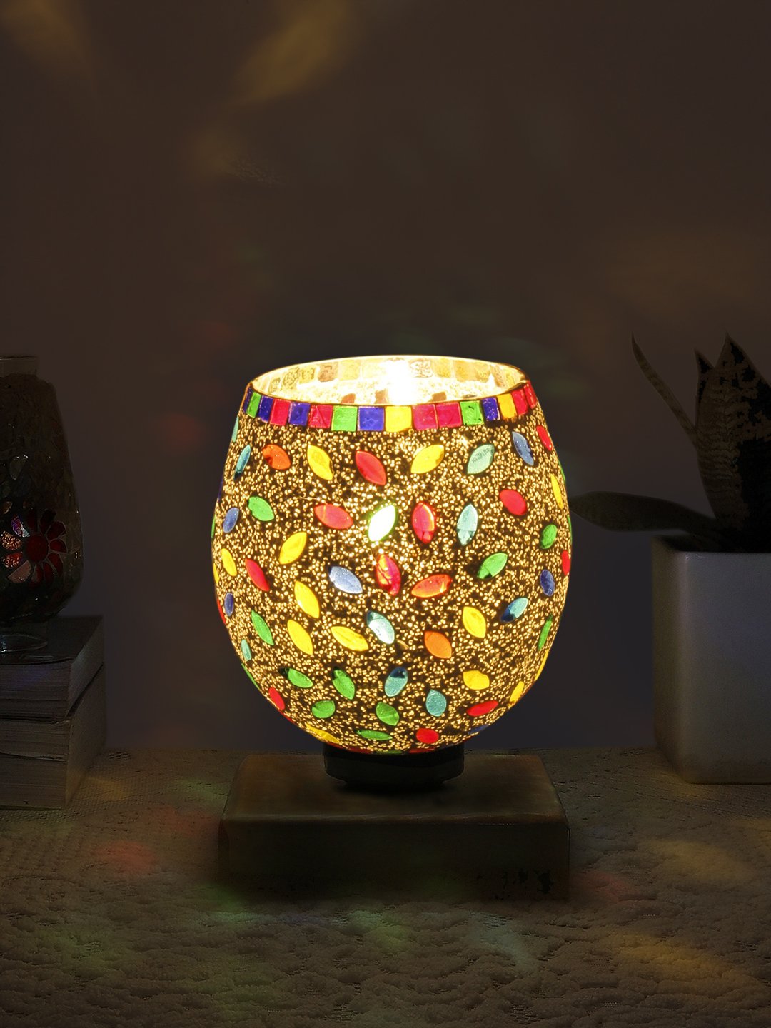 Ambika Home Artisan Mosaic Multicolor Mosaic Glass Table Lamp with Wooden Base | Premium Bedside Lamp for Bedroom, Living Room, Hall, Hotel, Café, Restaurant & Office | E27 Compatible - Image 3