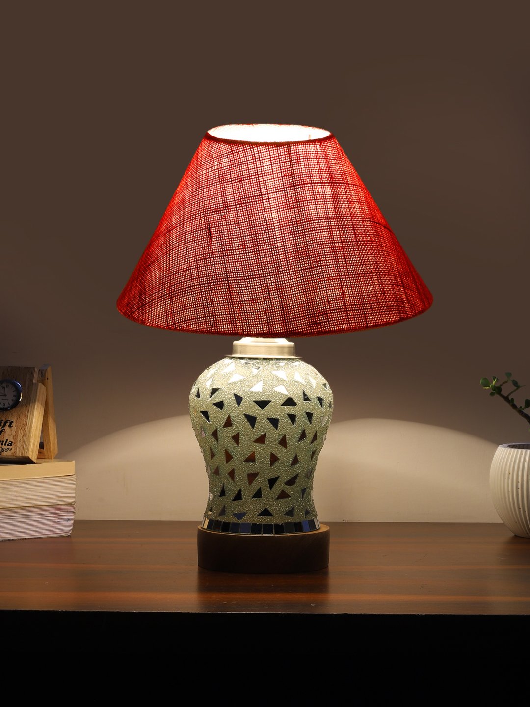 Ambika Home Pink Jute Mosaic Glass Table Lamp | Decorative Bedside Lamp for Bedroom, Living Room, Hall, Hotel, Café, Restaurant, Office & Study Room | E27 Compatible - Image 3