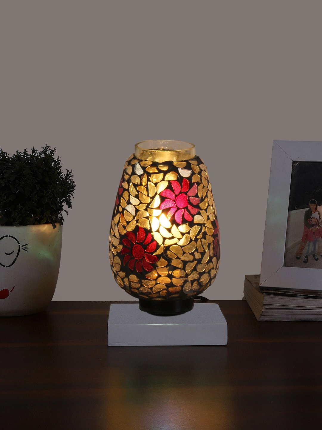Ambika Home Nordic Mosaic Multicolor Mosaic Glass Table Lamp with Wooden Base | Premium Bedside Lamp for Bedroom, Living Room, Hall, Hotel, Café, Restaurant & Office | E27 Compatible - Image 3
