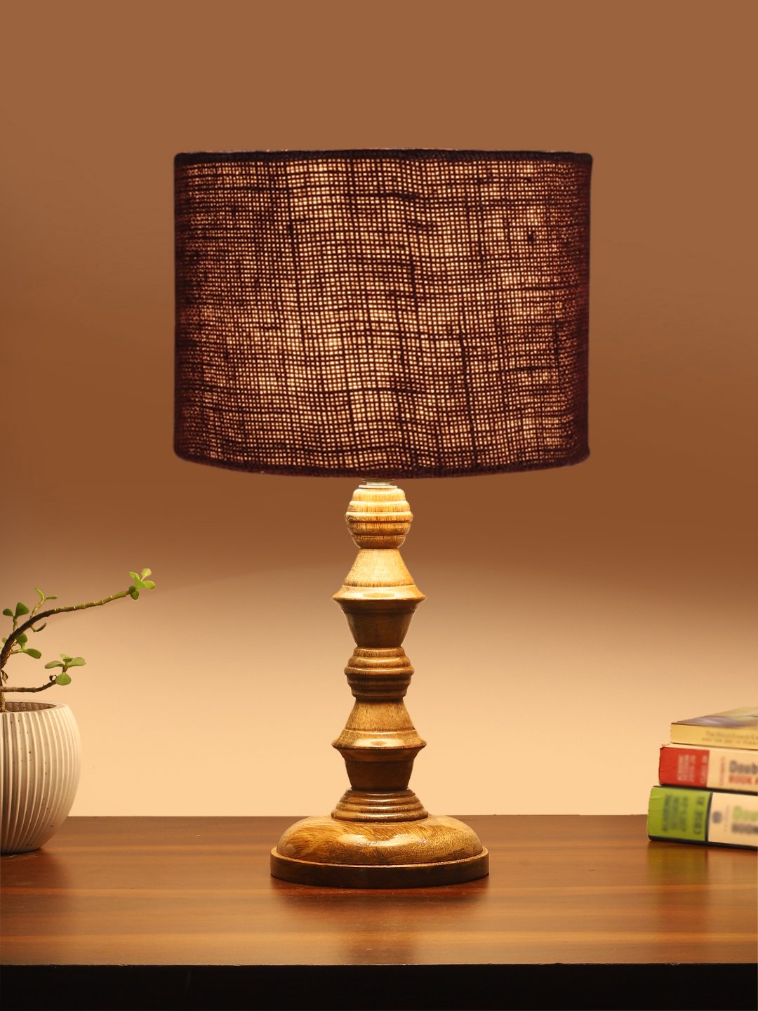 Ambika Home Brown Jute Wooden Table Lamp | Decorative Bedside Lamp for Bedroom, Living Room, Hall, Hotel, Café, Restaurant, Office & Study Room | E27 Compatible - Image 3