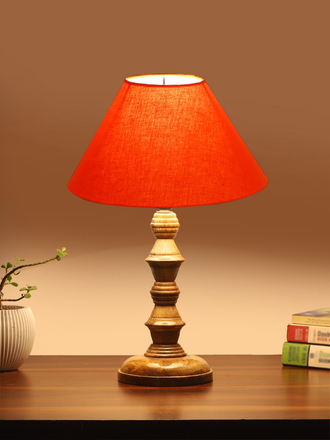Ambika Home Orange cotton Wooden Table Lamp | Decorative Bedside Lamp for Bedroom, Living Room, Hall, Hotel, Café, Restaurant, Office & Study Room | E27 Compatible - Image 3