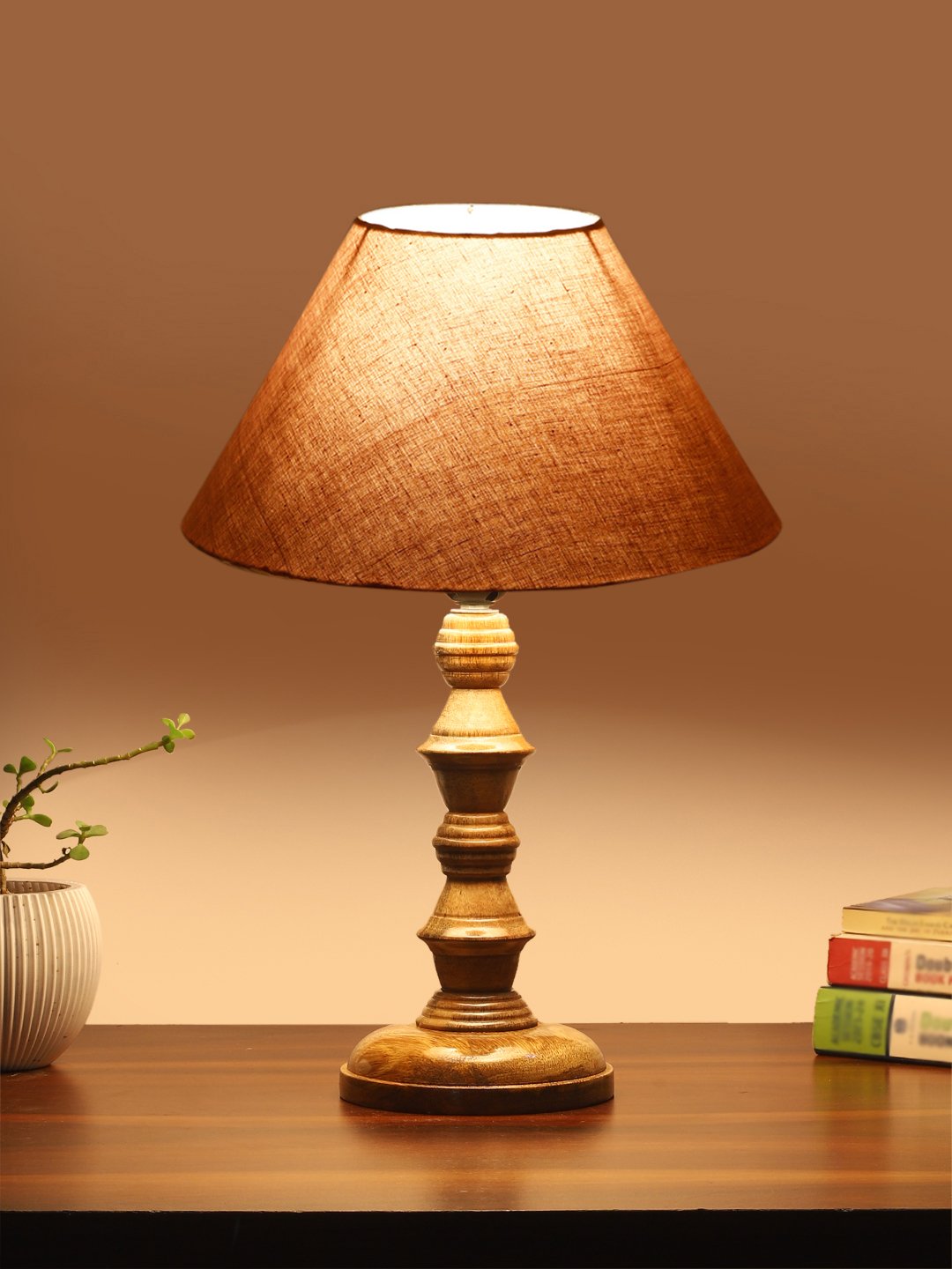 Ambika Home Grey cotton Wooden Table Lamp | Decorative Bedside Lamp for Bedroom, Living Room, Hall, Hotel, Café, Restaurant, Office & Study Room | E27 Compatible - Image 3