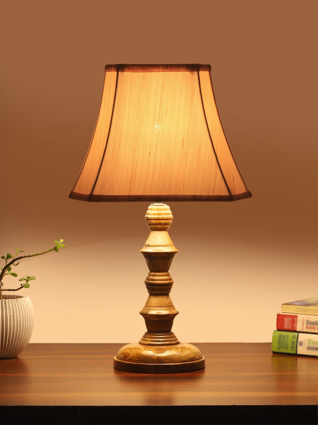 Ambika Home Off-white Cotton Wooden Table Lamp | Decorative Bedside Lamp for Bedroom, Living Room, Hall, Hotel, Café, Restaurant, Office & Study Room | E27 Compatible - Image 3