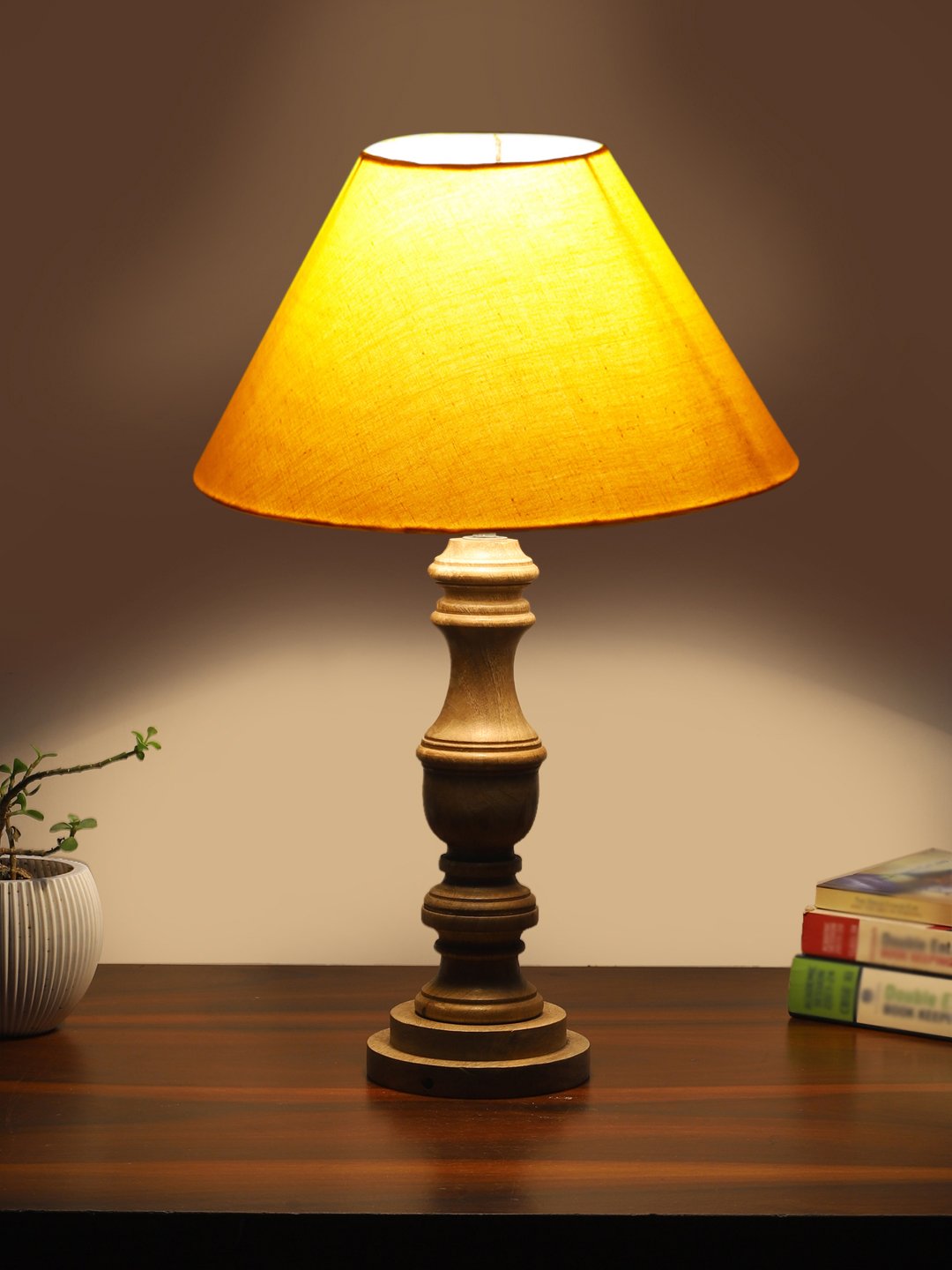 Ambika Home Yellow cotton Wooden Table Lamp | Decorative Bedside Lamp for Bedroom, Living Room, Hall, Hotel, Café, Restaurant, Office & Study Room | E27 Compatible - Image 3