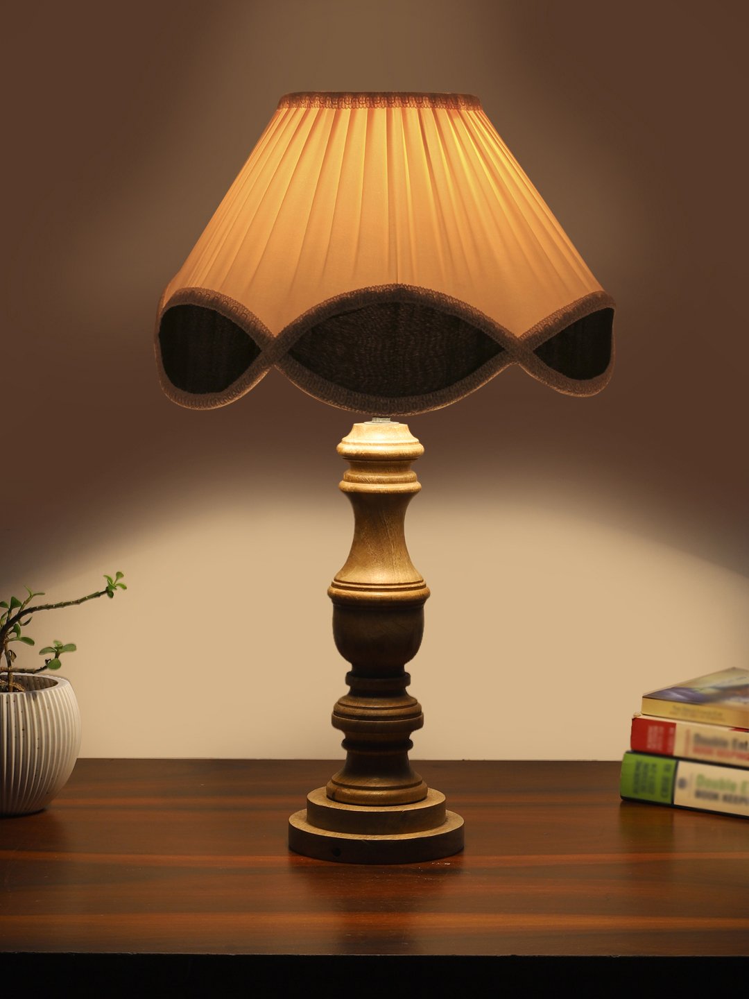 Ambika Home off-white cotton Wooden Table Lamp | Decorative Bedside Lamp for Bedroom, Living Room, Hall, Hotel, Café, Restaurant, Office & Study Room | E27 Compatible - Image 3