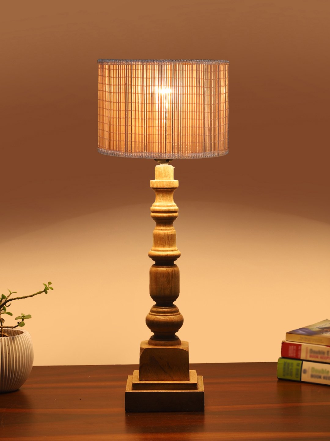 Ambika Home Beige Bamboo Wooden Table Lamp | Decorative Bedside Lamp for Bedroom, Living Room, Hall, Hotel, Café, Restaurant, Office & Study Room | E27 Compatible - Image 3