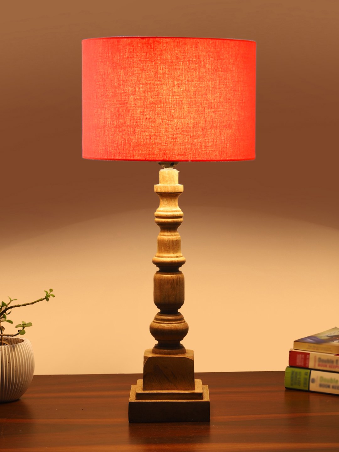 Ambika Home Orange cotton Wooden Table Lamp | Decorative Bedside Lamp for Bedroom, Living Room, Hall, Hotel, Café, Restaurant, Office & Study Room | E27 Compatible - Image 3