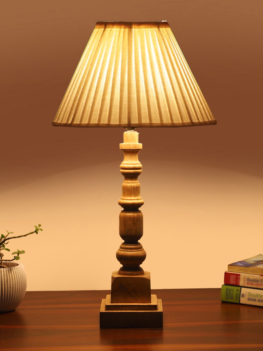 Ambika Home off-white cotton Wooden Table Lamp | Decorative Bedside Lamp for Bedroom, Living Room, Hall, Hotel, Café, Restaurant, Office & Study Room | E27 Compatible - Image 3