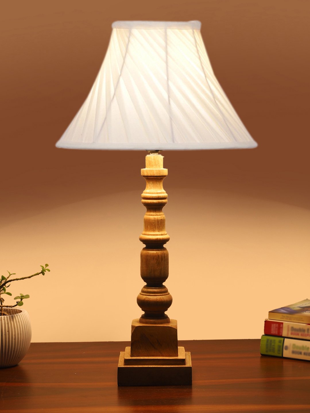 Ambika Home off-white cotton Wooden Table Lamp | Decorative Bedside Lamp for Bedroom, Living Room, Hall, Hotel, Café, Restaurant, Office & Study Room | E27 Compatible - Image 3