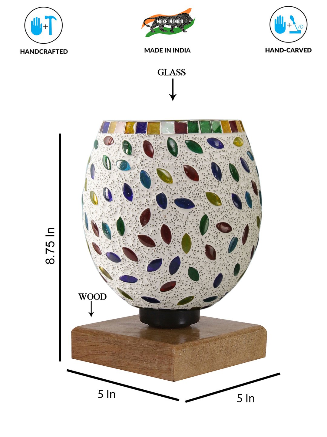 Ambika Home Artisan Mosaic Multicolor Mosaic Glass Table Lamp with Wooden Base | Premium Bedside Lamp for Bedroom, Living Room, Hall, Hotel, Café, Restaurant & Office | E27 Compatible - Image 4