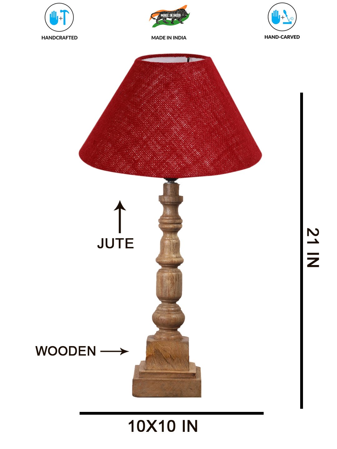 Ambika Home Maroon Jute Wooden Table Lamp | Decorative Bedside Lamp for Bedroom, Living Room, Hall, Hotel, Café, Restaurant, Office & Study Room | E27 Compatible - Image 4
