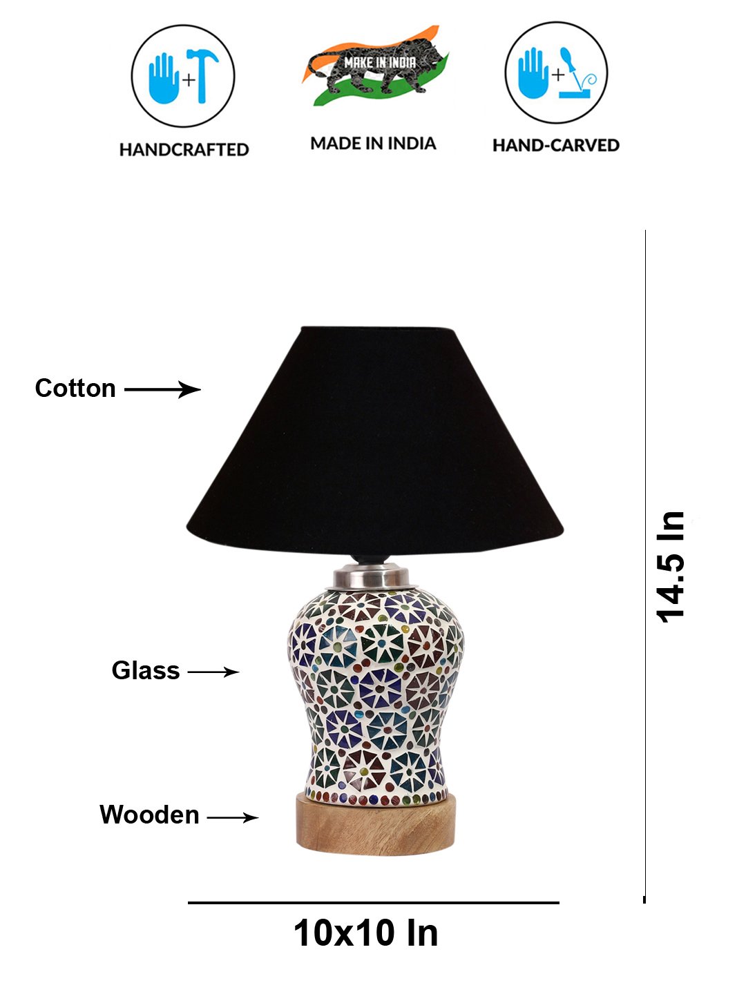 Ambika Home Black Cotton Mosaic Glass Table Lamp | Decorative Bedside Lamp for Bedroom, Living Room, Hall, Hotel, Café, Restaurant, Office & Study Room | E27 Compatible - Image 5