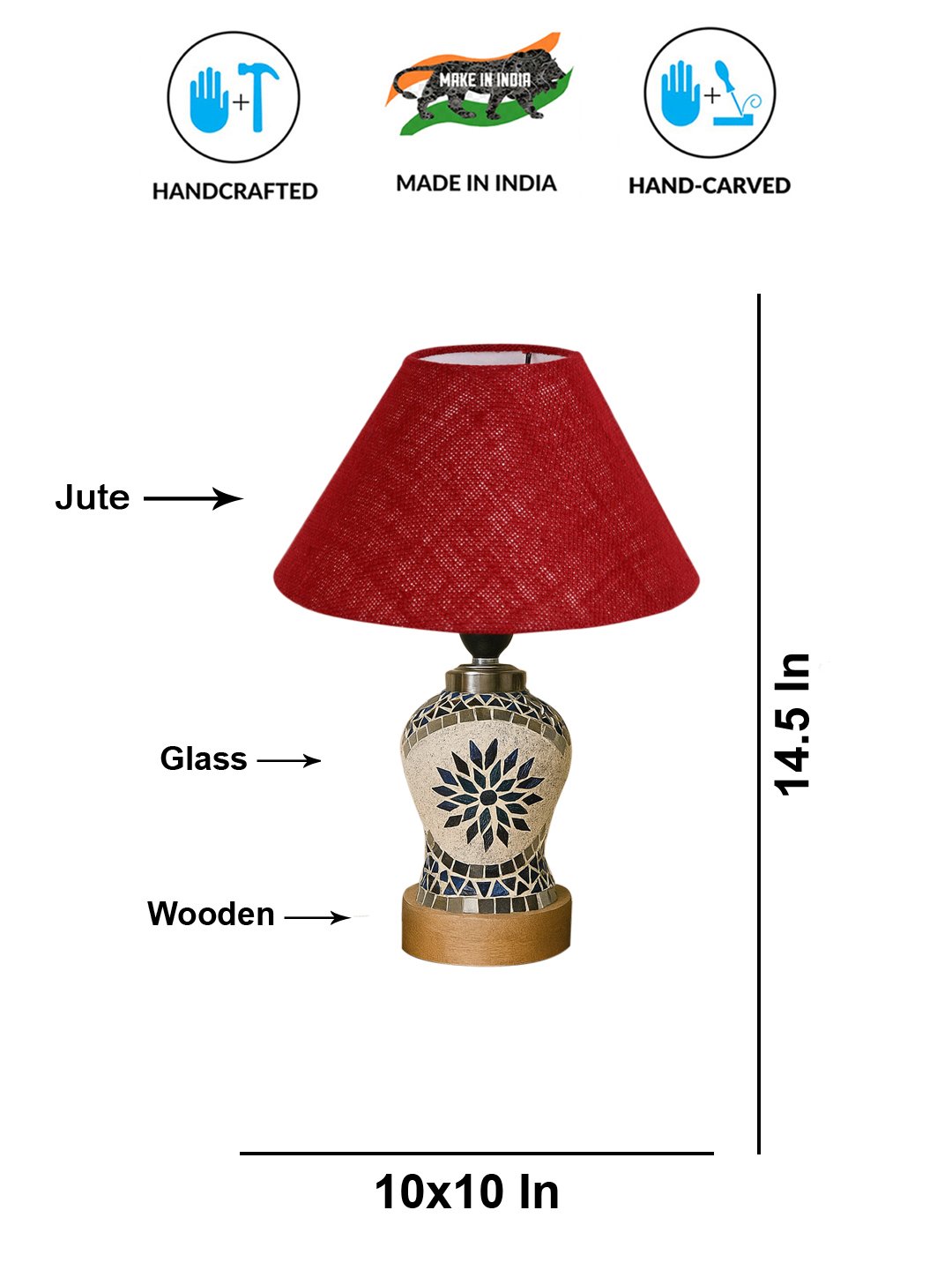 Ambika Home Maroon Jute Mosaic Glass Table Lamp | Decorative Bedside Lamp for Bedroom, Living Room, Hall, Hotel, Café, Restaurant, Office & Study Room | E27 Compatible - Image 5