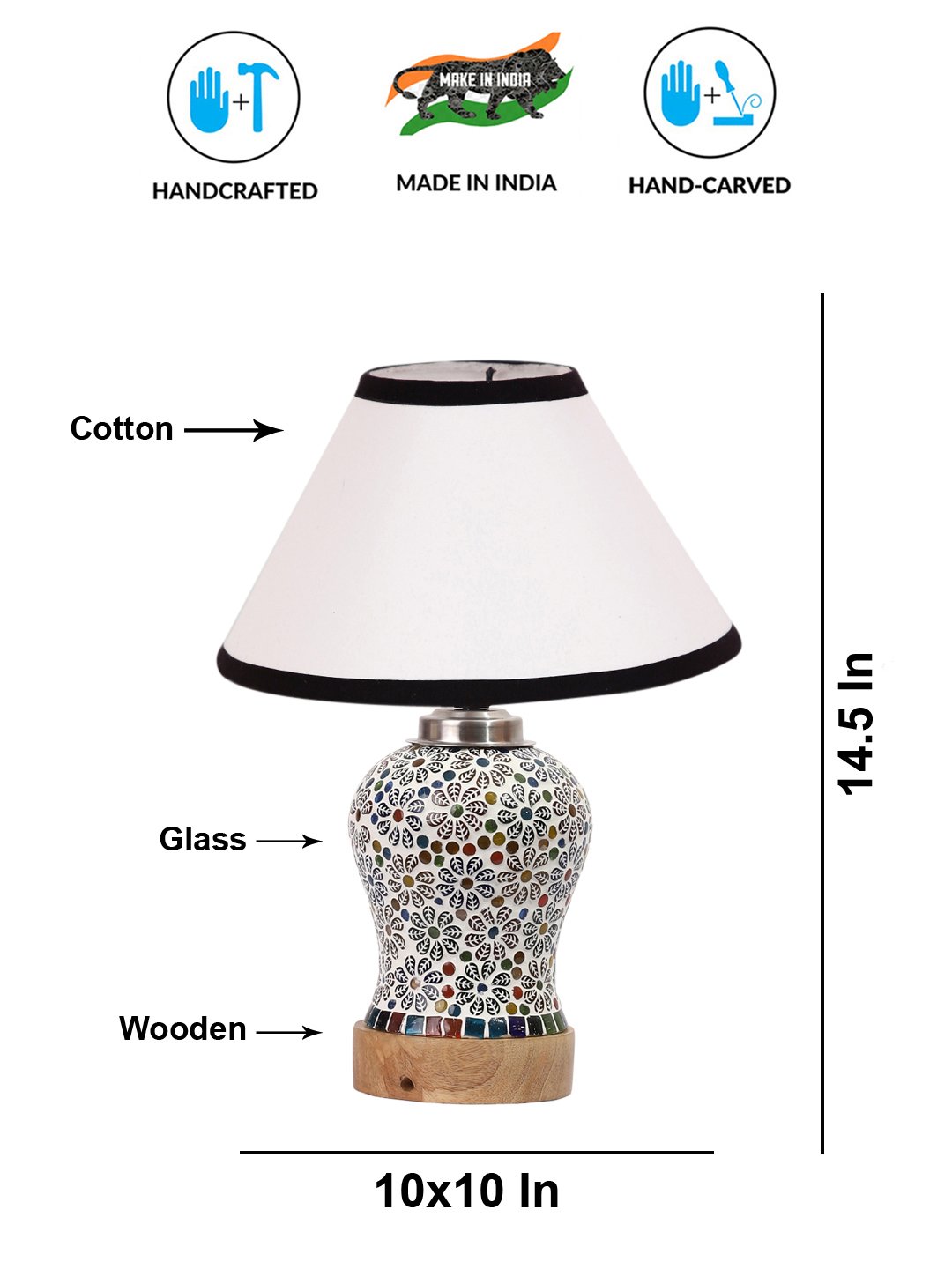 Ambika Home White & Black Cotton Mosaic Glass Table Lamp | Decorative Bedside Lamp for Bedroom, Living Room, Hall, Hotel, Café, Restaurant, Office & Study Room | E27 Compatible - Image 5