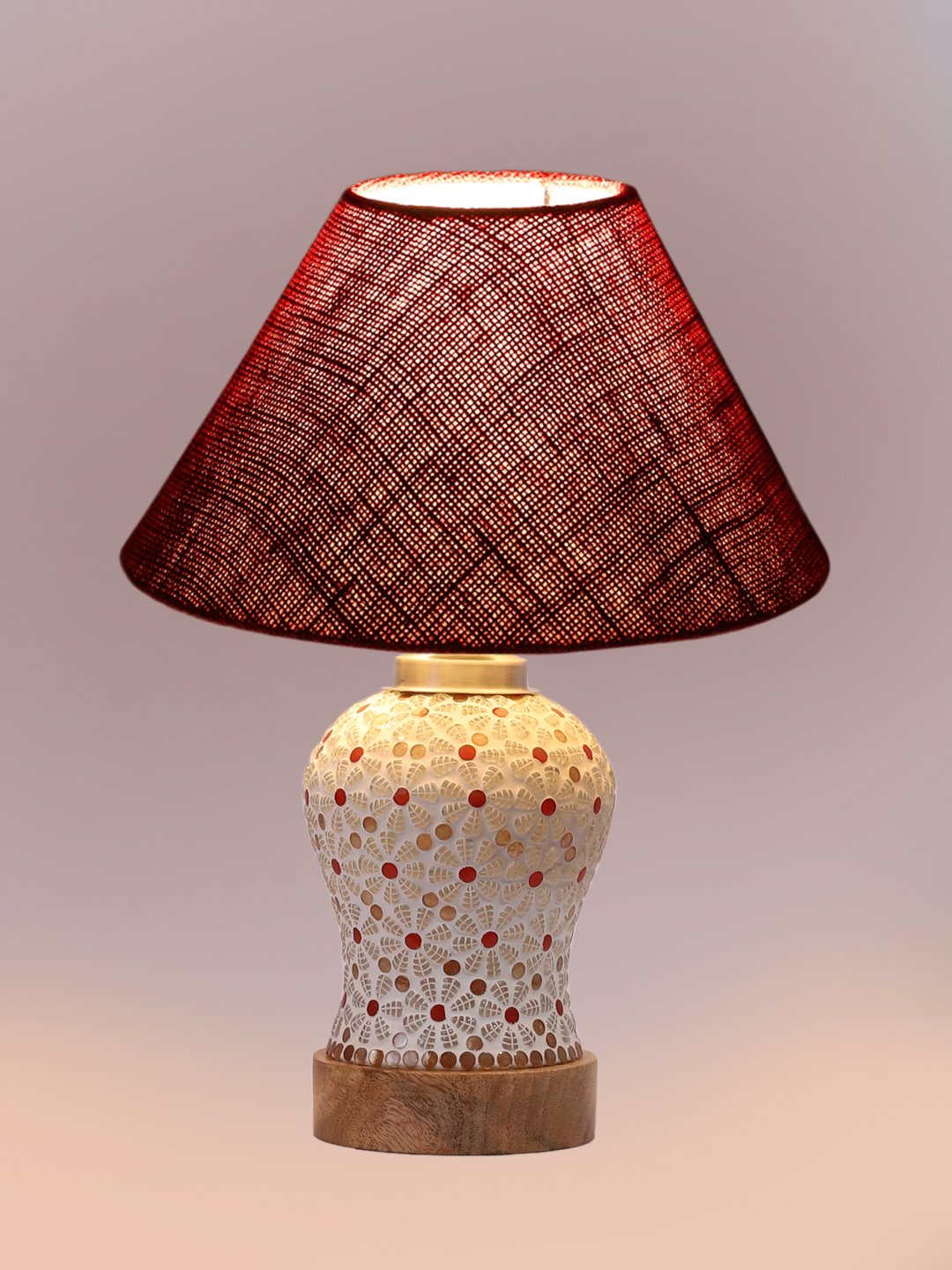 Ambika Home Maroon Jute Mosaic Glass Table Lamp | Decorative Bedside Lamp for Bedroom, Living Room, Hall, Hotel, Café, Restaurant, Office & Study Room | E27 Compatible - Image 6