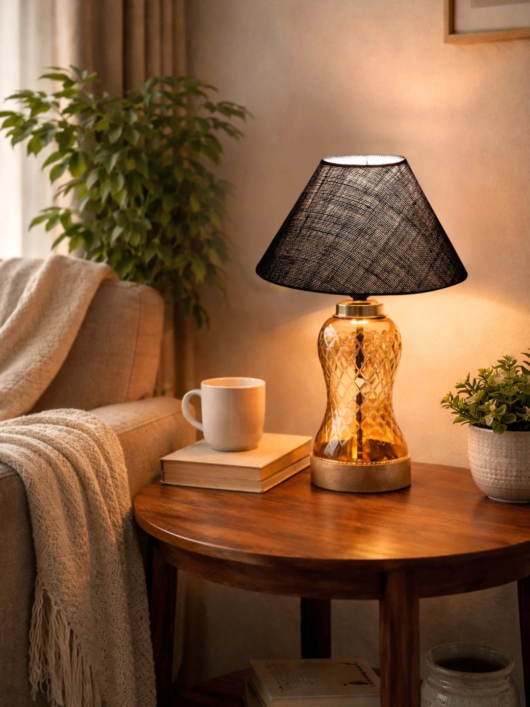 Ambika Home Blue Jute Lavender Glass Table Lamp | Decorative Bedside Lamp for Bedroom, Living Room, Hall, Hotel, Café, Restaurant, Office & Study Room | E27 Compatible - Image 6