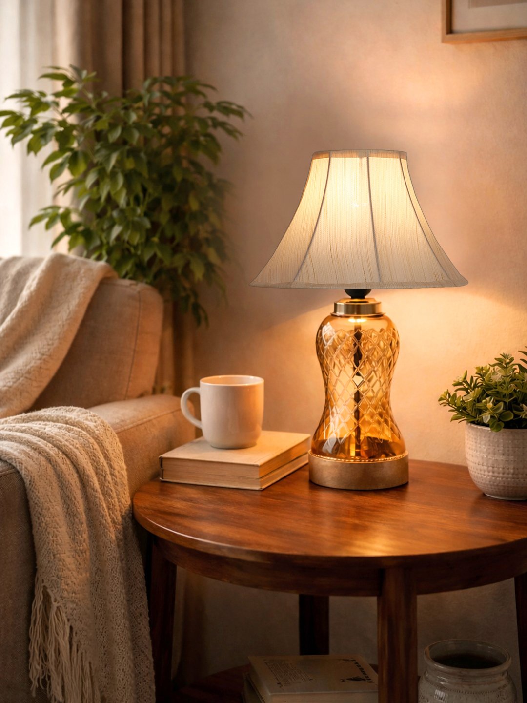 Ambika Home off-white Cotton Lavender Glass Table Lamp | Decorative Bedside Lamp for Bedroom, Living Room, Hall, Hotel, Café, Restaurant, Office & Study Room | E27 Compatible - Image 6