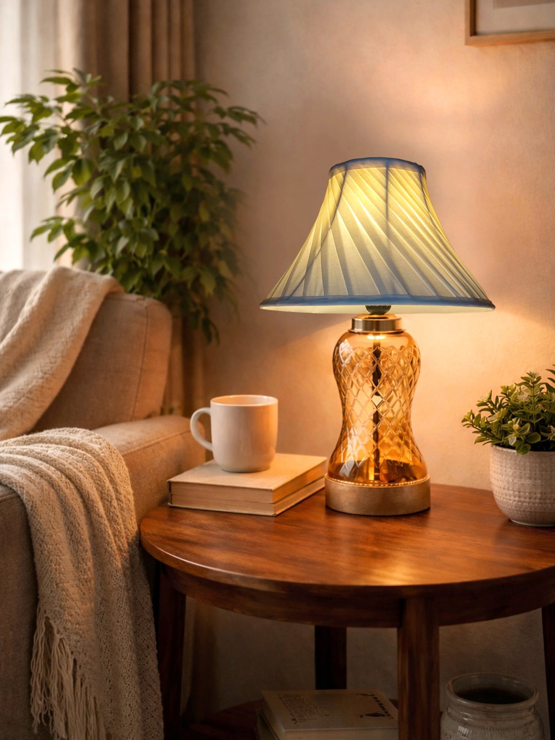 Ambika Home off-white Cotton Lavender Glass Table Lamp | Decorative Bedside Lamp for Bedroom, Living Room, Hall, Hotel, Café, Restaurant, Office & Study Room | E27 Compatible - Image 6