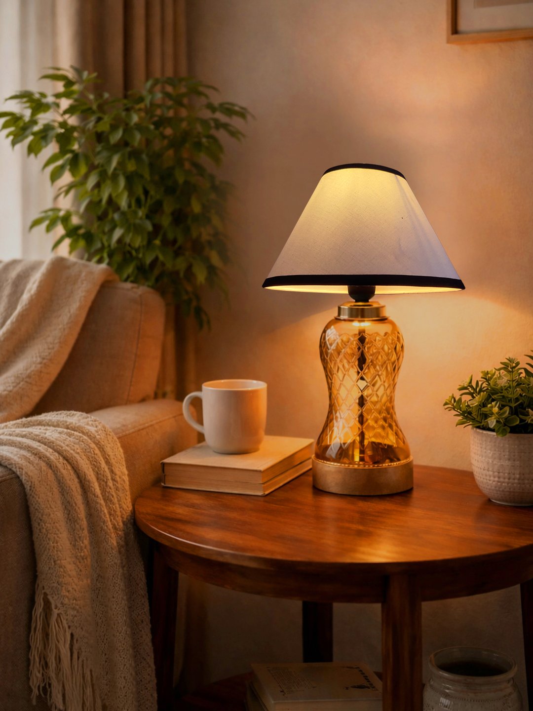 Ambika Home White & Black Cotton Lavender Glass Table Lamp | Decorative Bedside Lamp for Bedroom, Living Room, Hall, Hotel, Café, Restaurant, Office & Study Room | E27 Compatible - Image 7