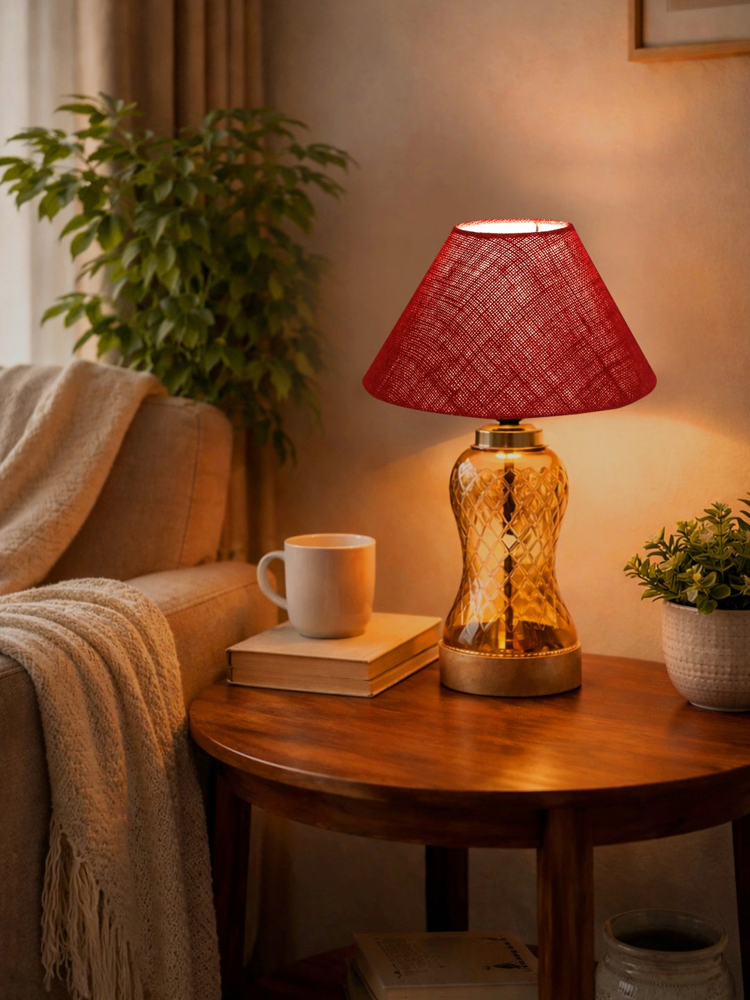 Ambika Home Maroon Jute Lavender Glass Table Lamp | Decorative Bedside Lamp for Bedroom, Living Room, Hall, Hotel, Café, Restaurant, Office & Study Room | E27 Compatible - Image 7
