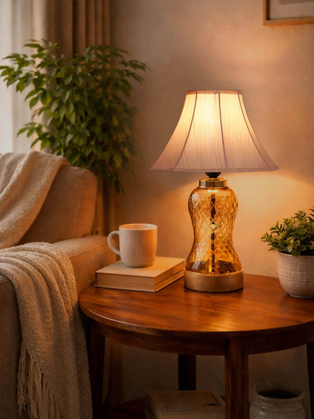 Ambika Home off-white Cotton Lavender Glass Table Lamp | Decorative Bedside Lamp for Bedroom, Living Room, Hall, Hotel, Café, Restaurant, Office & Study Room | E27 Compatible - Image 7
