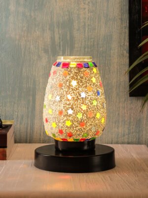 Ambika Home Elara Mosaic Multicolor Mosaic Glass Table Lamp with Wooden Base | Premium Bedside Lamp for Bedroom, Living Room, Hall, Hotel, CafÃ©, Restaurant & Office | E27 Compatible