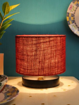 Ambika Home Artisan Collection Maroon Gola Table Lamp with Wooden Base | Premium Decorative Bedside Lamp for Bedroom, Living Room, Hall, Hotel, Café, Restaurant & Office | E27 Compatible