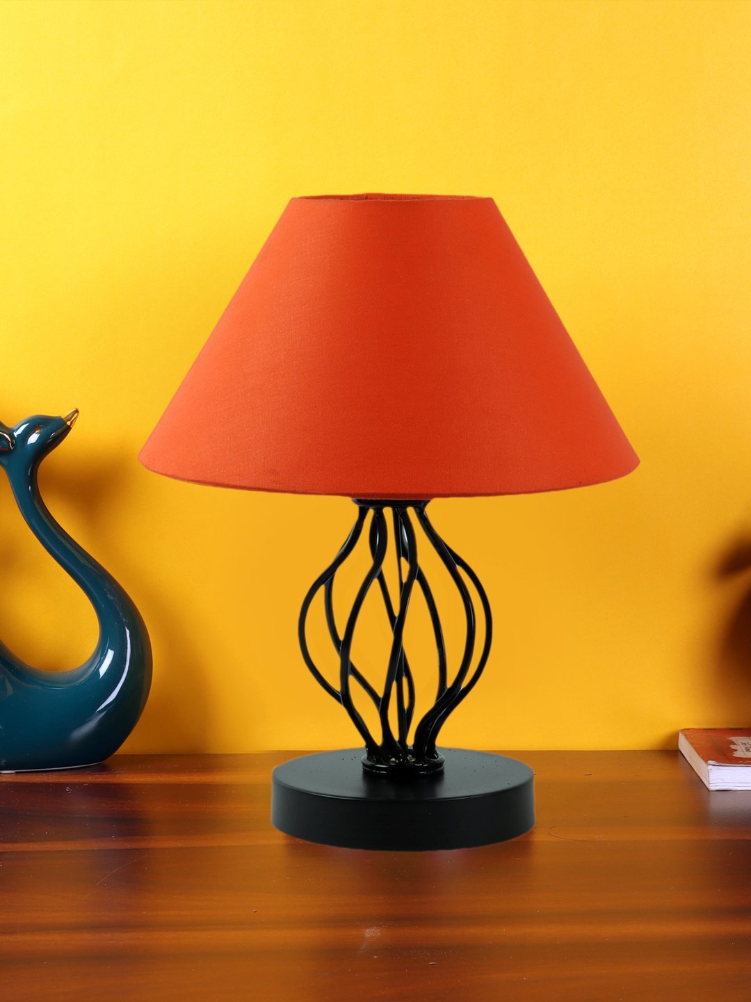 Ambika Home Spiral Iron Basket & Black WoodTable Lamp with Orange Cotton Shade Wooden Table Lamp with Cotton Shade, White, Modern Bedside Lamp for Bedroom, Living Room, Hotel, Café & Home Decor