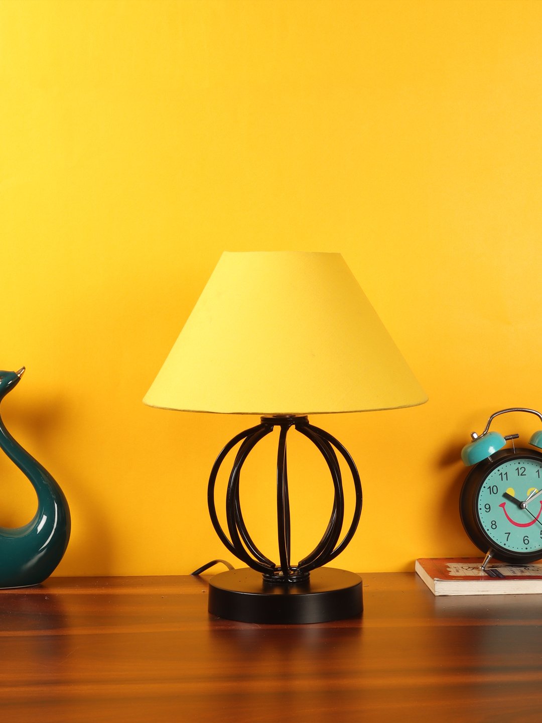 Ambika Home Round Iron & Black WoodTable Lamp with Yellow Cotton Shade Wooden Table Lamp with Cotton Shade, Yellow, Modern Bedside Lamp for Bedroom, Living Room, Hotel, Café & Home Decor